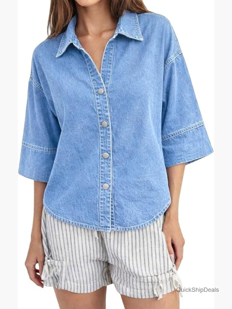 Oversized Denim Button Down Shirt 3/4 Sleeve Peasant Top